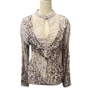 Gimmicks stretchy animal print gold metallic lace western top size L EUC